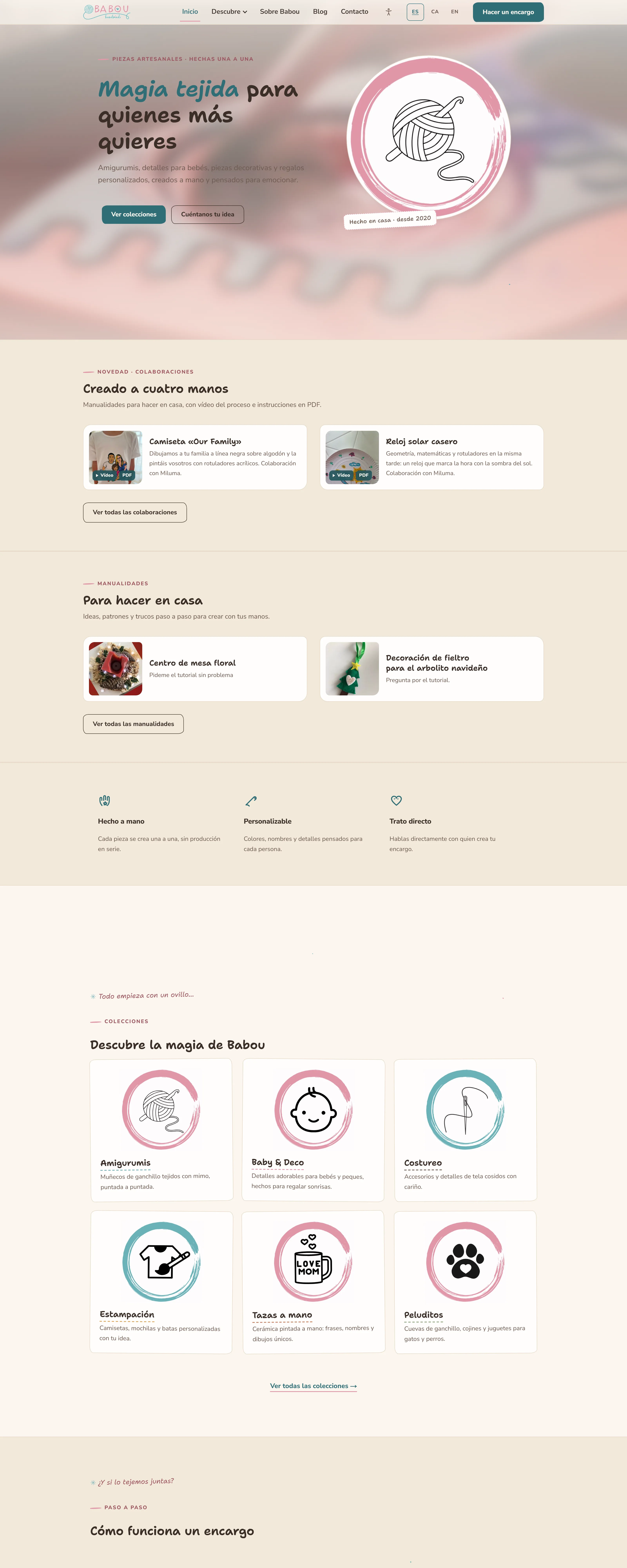 Captura desktop de la web Babou Handmade — diseño cálido con productos artesanos y fondo crema