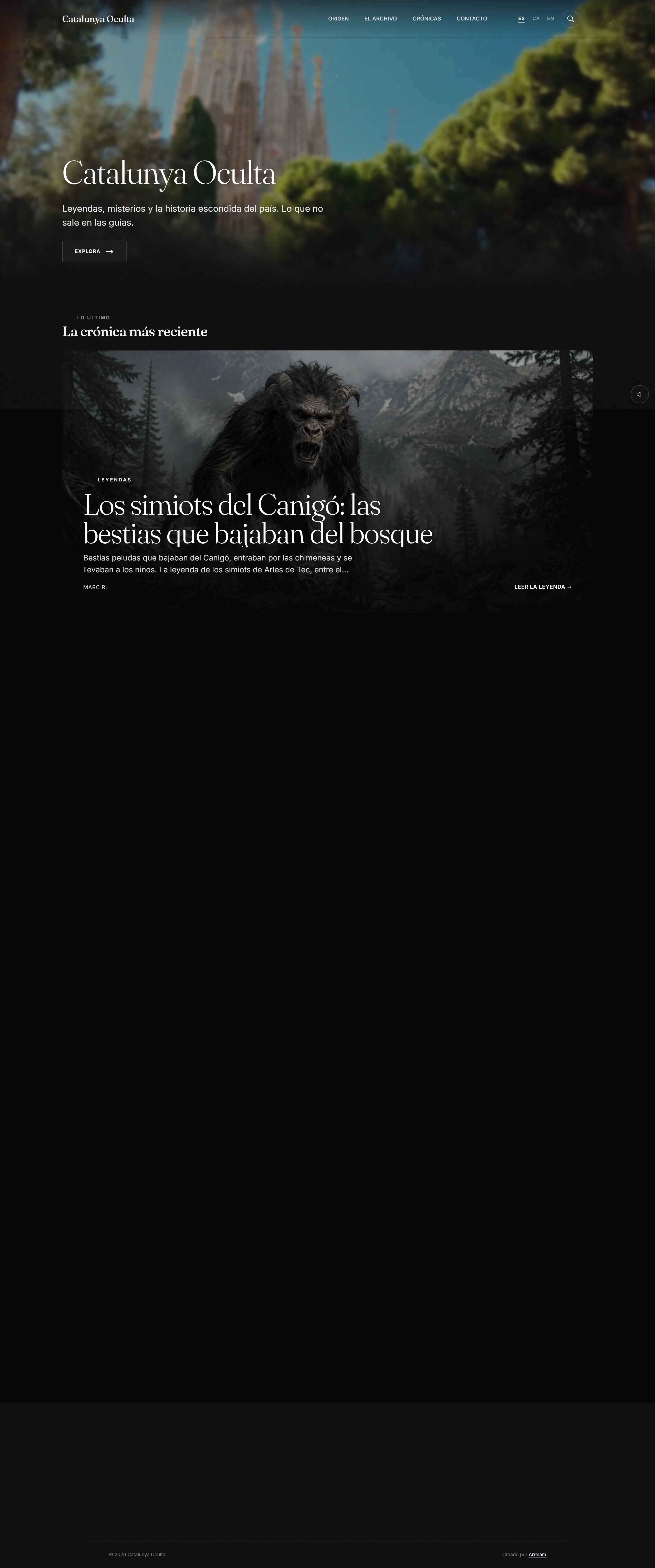 Captura desktop de Catalunya Oculta — portada editorial sobre misterios y leyendas con estética oscura