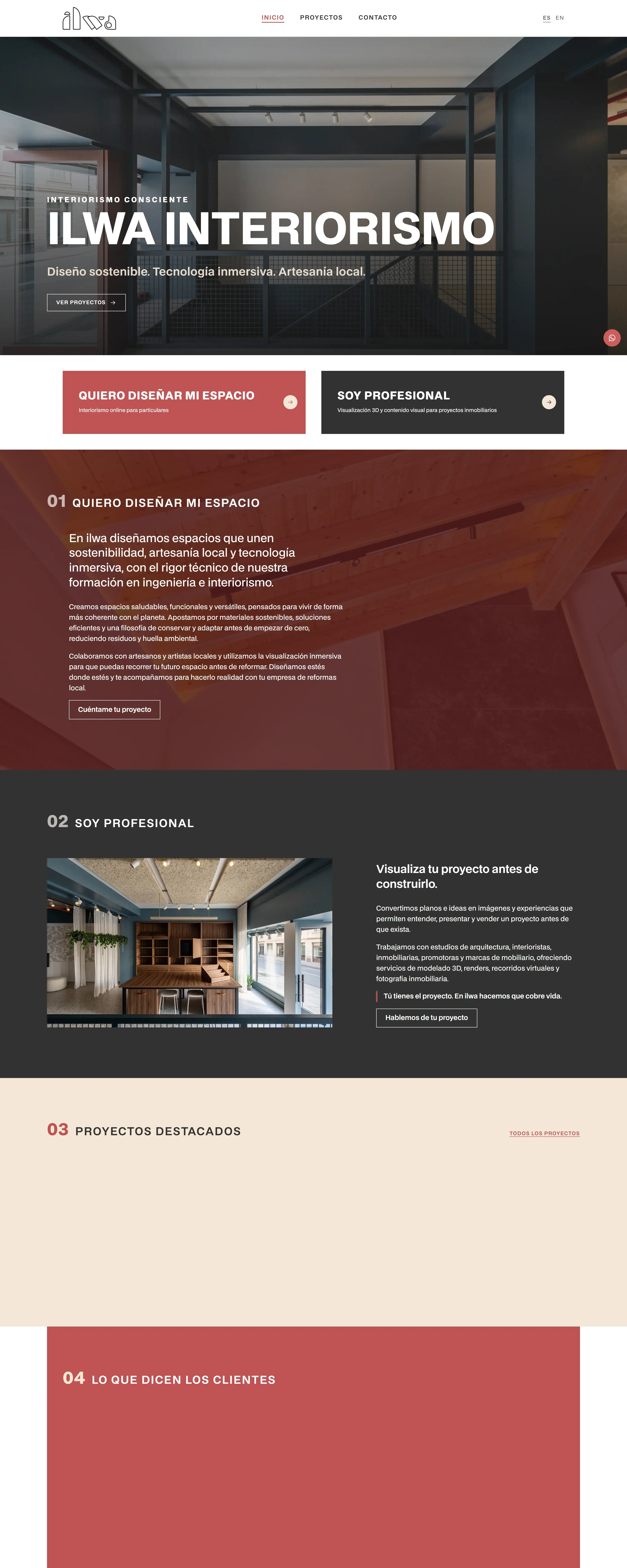Captura de escritorio de la web de ILWA Interiorismo — portada con la fotografía de un interior, el rótulo «Interiorismo consciente» y el botón «Ver proyectos»