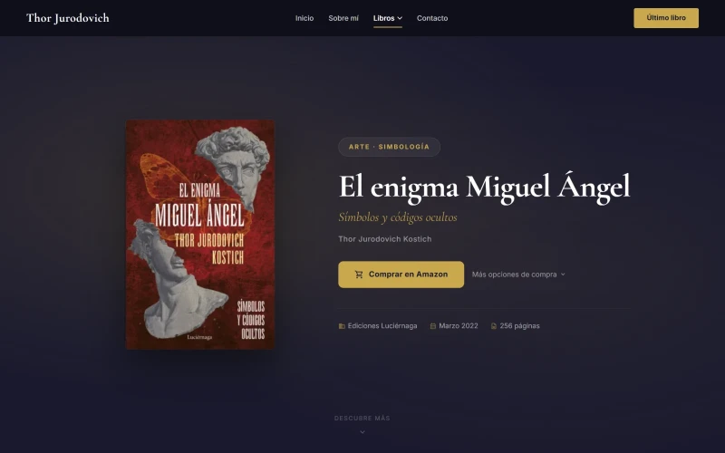 Ficha de El enigma Miguel Ángel en thorjk.com, en portátil y móvil: portada, editorial Luciérnaga, marzo de 2022, 256 páginas y botón Comprar en Amazon