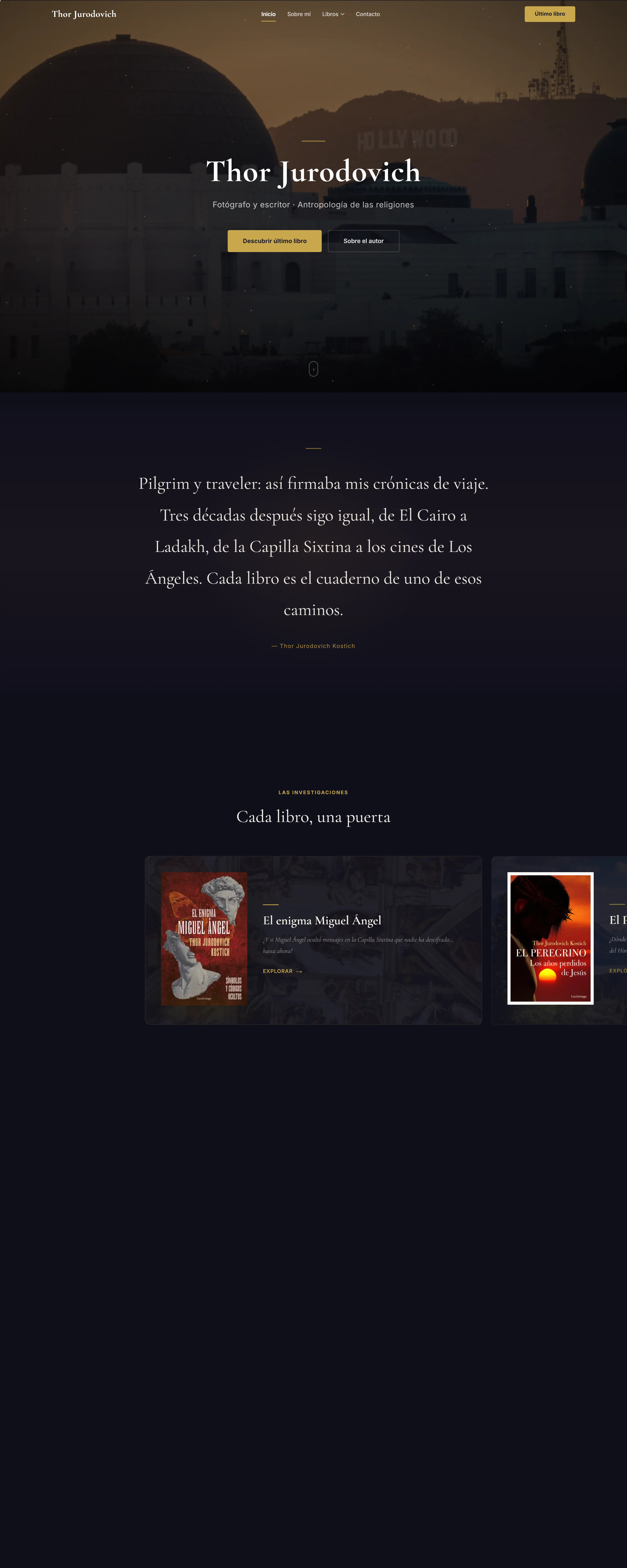 Captura de escritorio de thorjk.com — portada oscura con una fotografía de Florencia al atardecer y tipografía editorial dorada